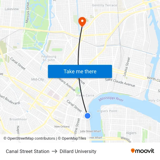 Canal Street Station to Dillard University map