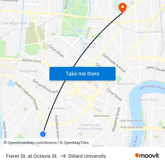 Freret St. at Octavia St. to Dillard University map