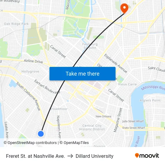 Freret St. at Nashville Ave. to Dillard University map