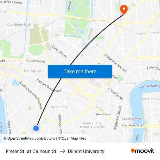 Freret St. at Calhoun St. to Dillard University map