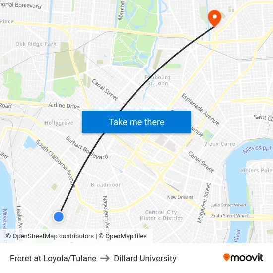 Freret at Loyola/Tulane to Dillard University map