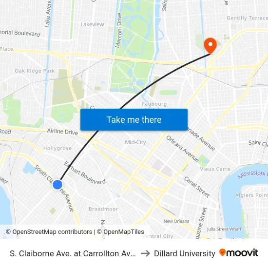 S. Claiborne Ave. at Carrollton Ave. to Dillard University map
