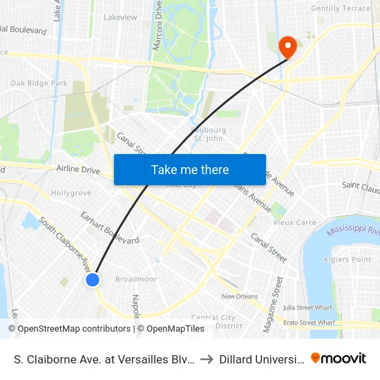 S. Claiborne Ave. at Versailles Blvd. to Dillard University map