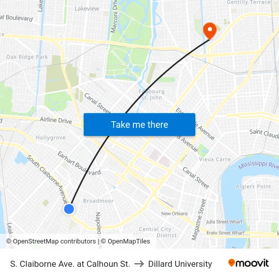 S. Claiborne Ave. at Calhoun St. to Dillard University map