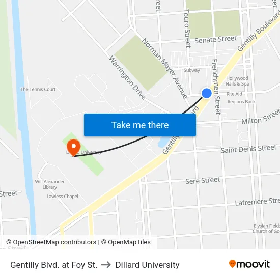 Gentilly Blvd. at Foy St. to Dillard University map