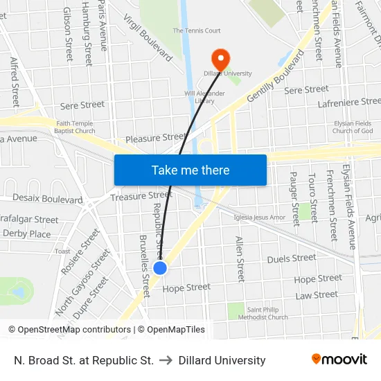 N. Broad St. at Republic St. to Dillard University map