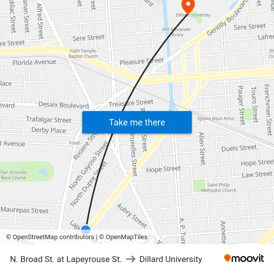 N. Broad St. at Lapeyrouse St. to Dillard University map