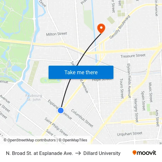 N. Broad St. at Esplanade Ave. to Dillard University map