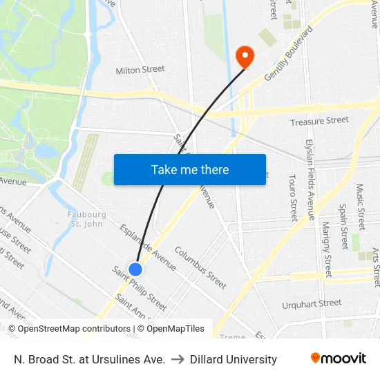 N. Broad St. at Ursulines Ave. to Dillard University map