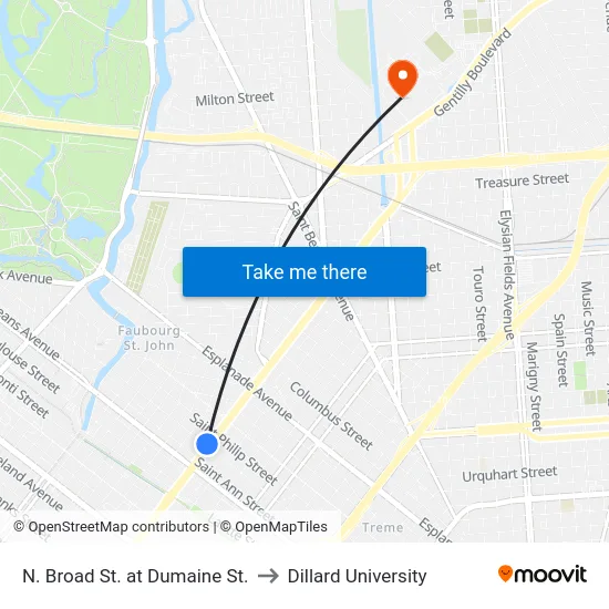 N. Broad St. at Dumaine St. to Dillard University map