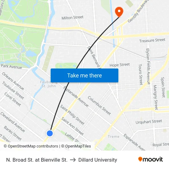 N. Broad St. at Bienville St. to Dillard University map