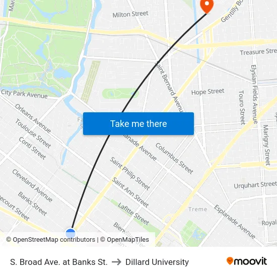 S. Broad Ave. at Banks St. to Dillard University map