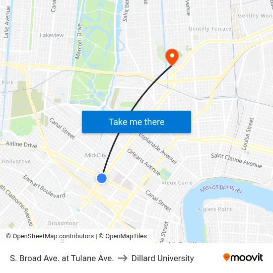 S. Broad Ave. at Tulane Ave. to Dillard University map