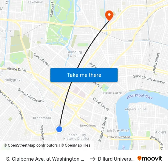 S. Claiborne Ave. at Washington Ave. to Dillard University map