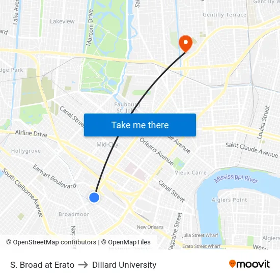 S. Broad at Erato to Dillard University map