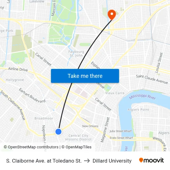 S. Claiborne Ave. at Toledano St. to Dillard University map