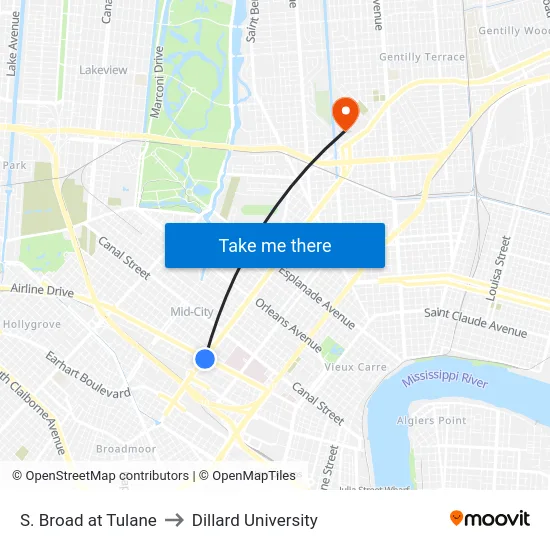 S. Broad at Tulane to Dillard University map