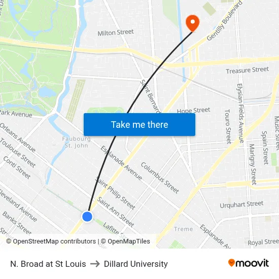 N. Broad at St Louis to Dillard University map