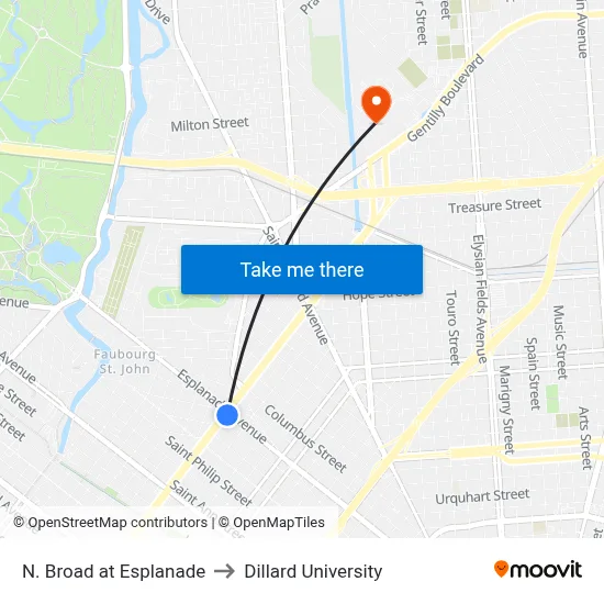 N. Broad at Esplanade to Dillard University map