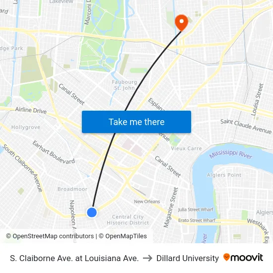 S. Claiborne Ave. at Louisiana Ave. to Dillard University map