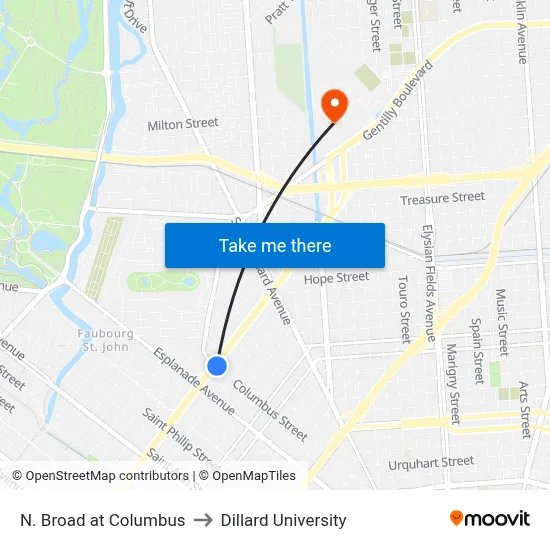 N. Broad at Columbus to Dillard University map