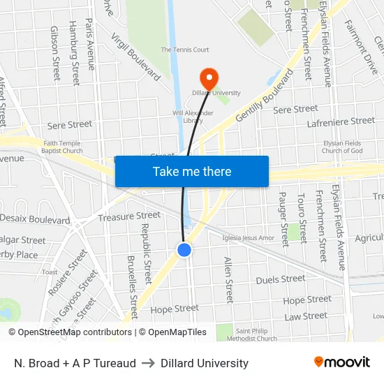 N. Broad + A P Tureaud to Dillard University map