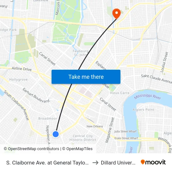 S. Claiborne Ave. at General Taylor St. to Dillard University map