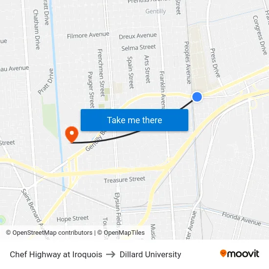 Chef Highway at Iroquois to Dillard University map