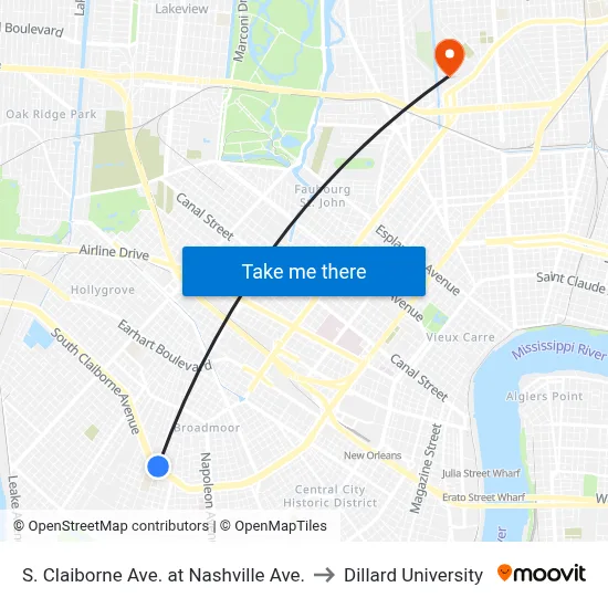 S. Claiborne Ave. at Nashville Ave. to Dillard University map