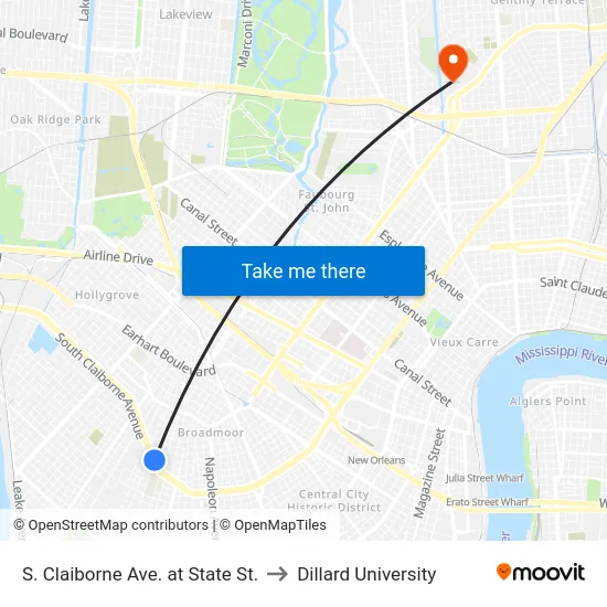S. Claiborne Ave. at State St. to Dillard University map