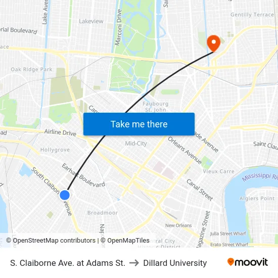 S. Claiborne Ave. at Adams St. to Dillard University map