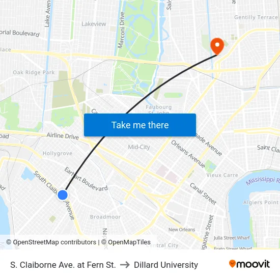 S. Claiborne Ave. at Fern St. to Dillard University map