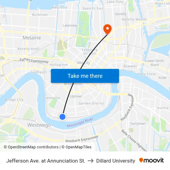 Jefferson Ave. at Annunciation St. to Dillard University map