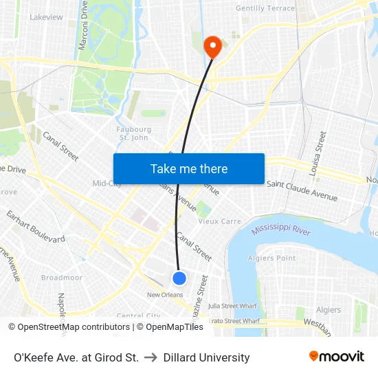 O'Keefe Ave. at Girod St. to Dillard University map
