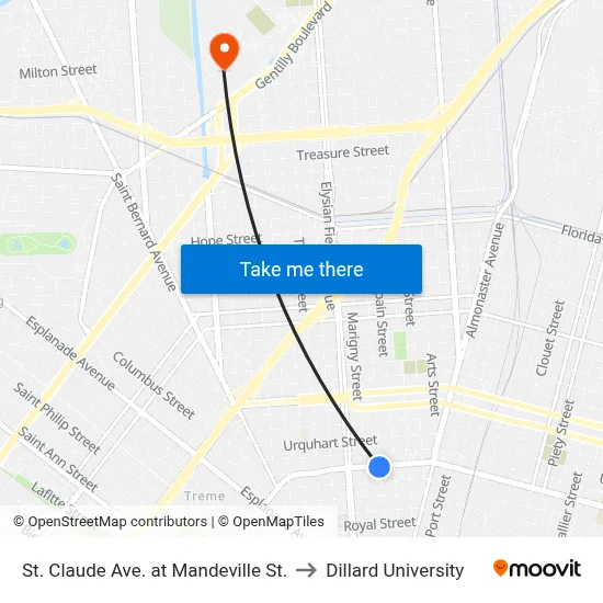 St. Claude Ave. at Mandeville St. to Dillard University map