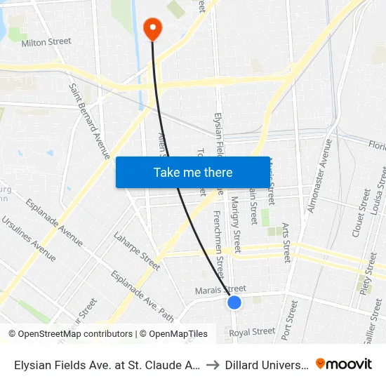 Elysian Fields Ave. at St. Claude Ave. to Dillard University map