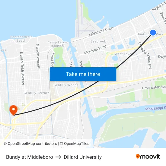 Bundy at Middleboro to Dillard University map