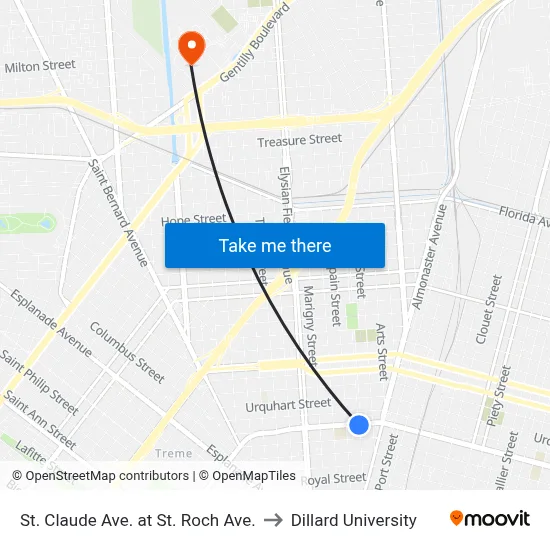 St. Claude Ave. at St. Roch Ave. to Dillard University map