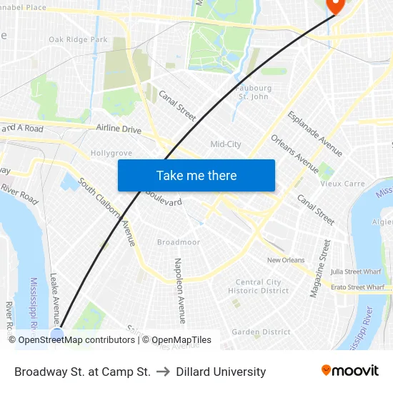 Broadway St. at Camp St. to Dillard University map