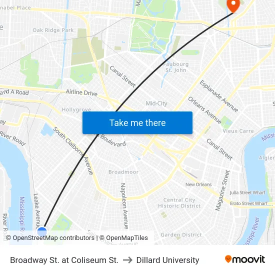 Broadway St. at Coliseum St. to Dillard University map