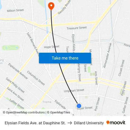 Elysian Fields Ave. at Dauphine St. to Dillard University map