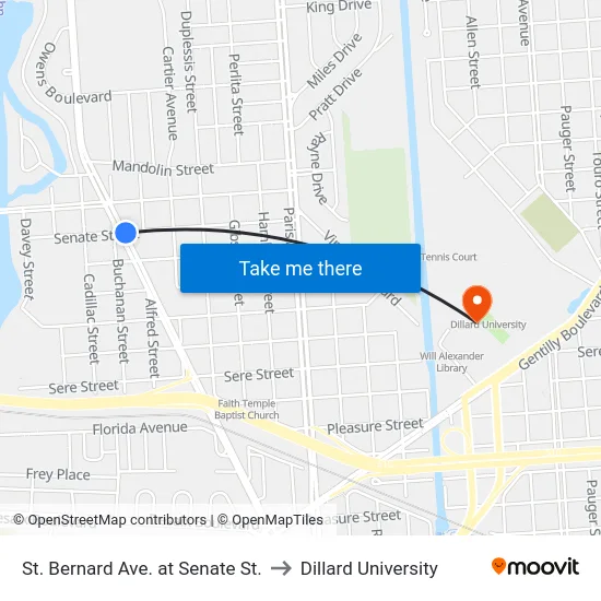 St. Bernard Ave. at Senate St. to Dillard University map