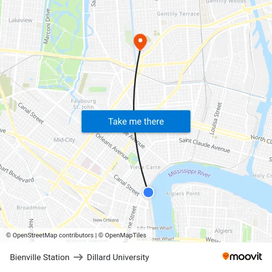 Bienville Station to Dillard University map