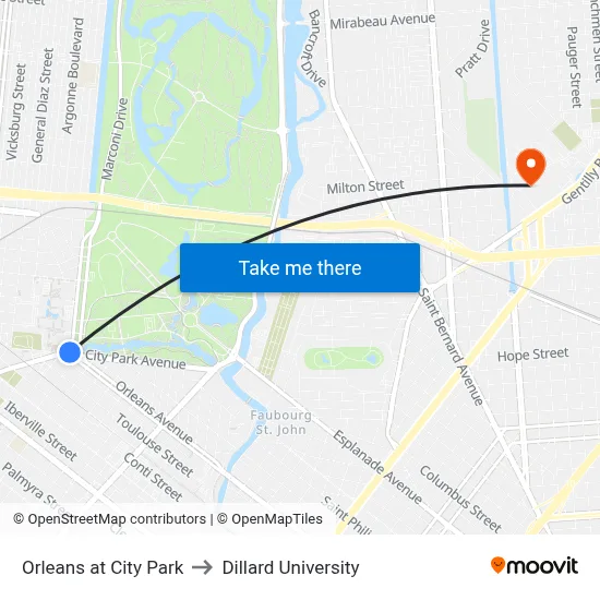 Orleans at City Park to Dillard University map