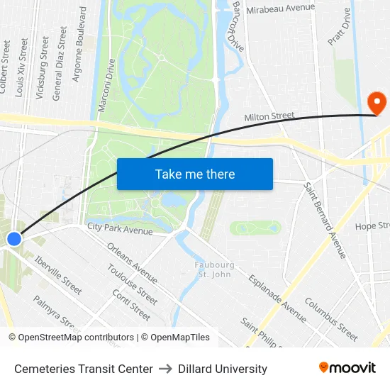 Cemeteries Transit Center to Dillard University map