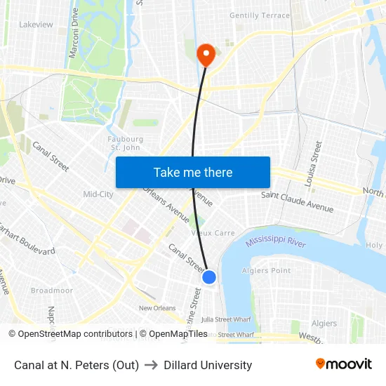 Canal at N. Peters (Out) to Dillard University map
