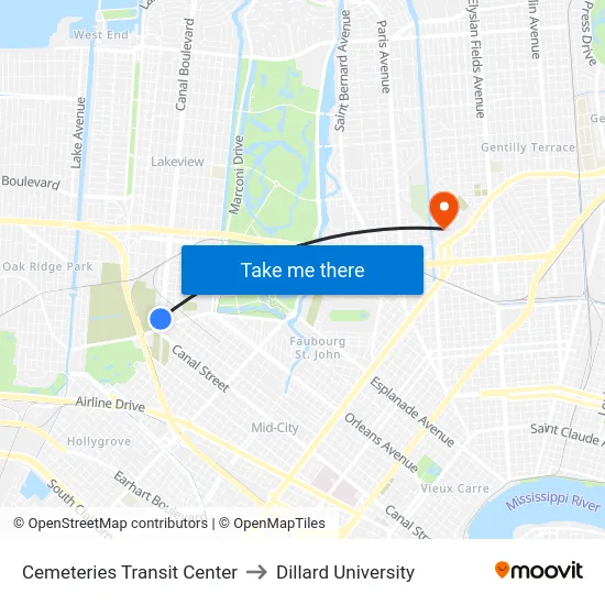 Cemeteries Transit Center to Dillard University map