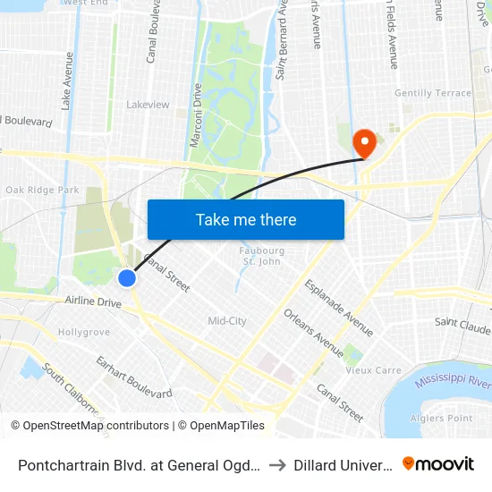 Pontchartrain Blvd. at General Ogden St. to Dillard University map