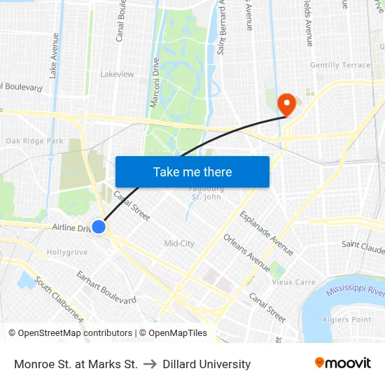 Monroe St. at Marks St. to Dillard University map