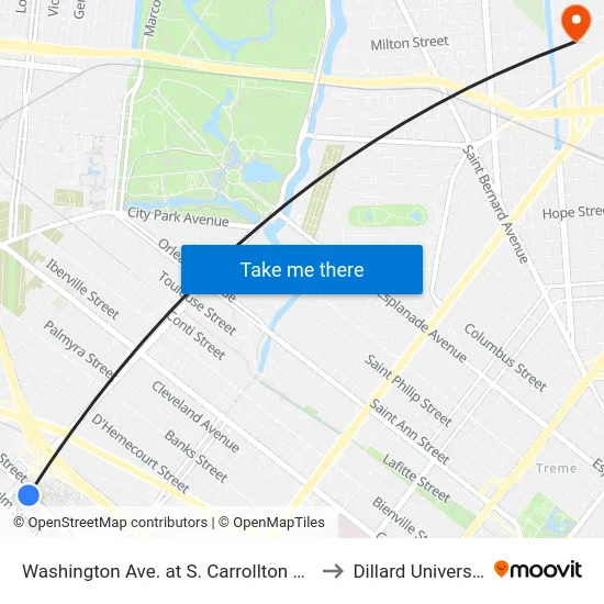 Washington Ave. at S. Carrollton Ave. to Dillard University map